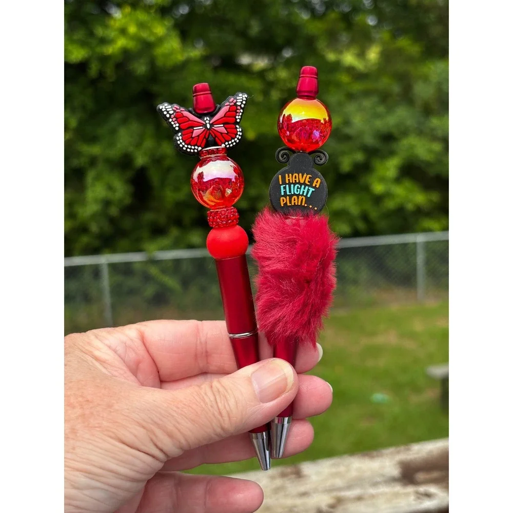 Handmade Beaded Pen Set Red Butterfly Ladybug I Have A Flight Plan Pom Pom 2pc